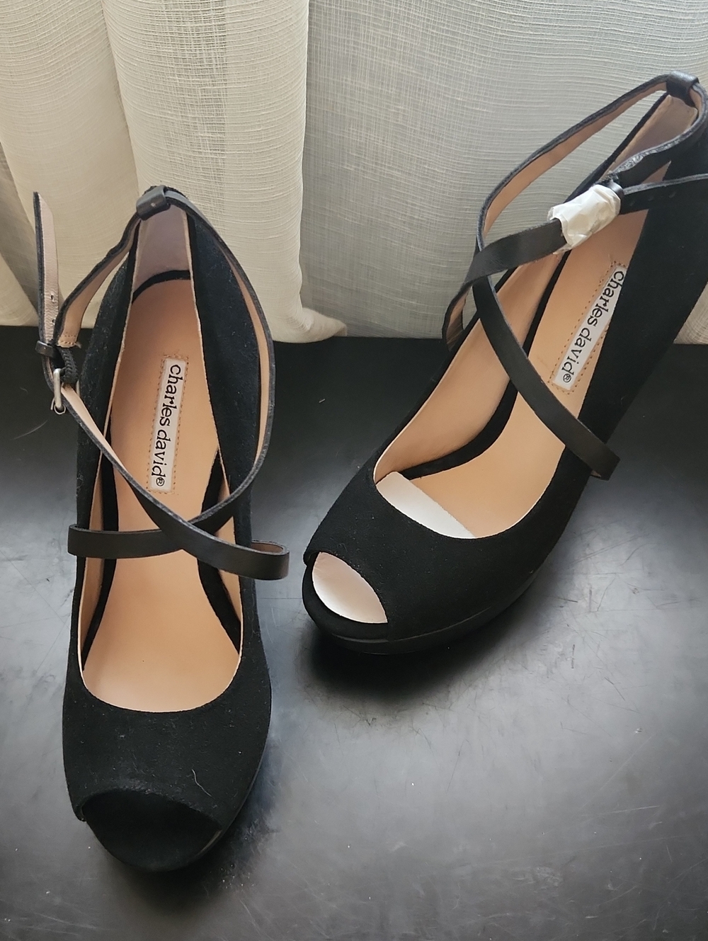 Charles David Black Suede Peep-Toe Strappy Platform Heels